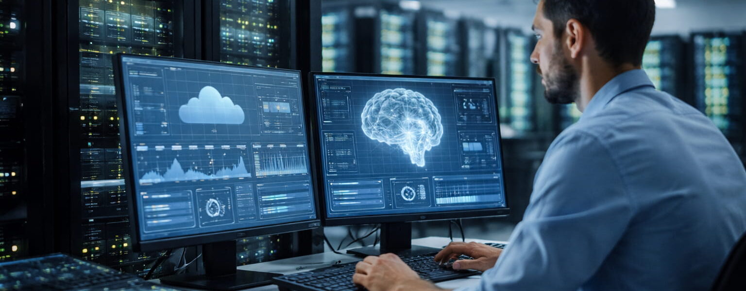 Moderne Server in einem Rechenzentrum verarbeiten Cloud- und KI-Daten