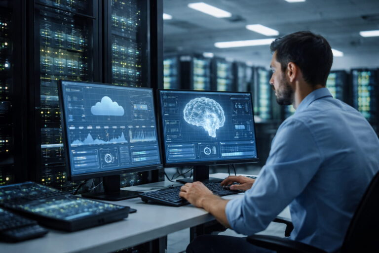 Moderne Server in einem Rechenzentrum verarbeiten Cloud- und KI-Daten