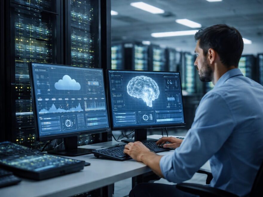 Moderne Server in einem Rechenzentrum verarbeiten Cloud- und KI-Daten