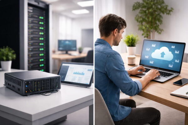 Server vs Cloud Vergleich – physischer Server und Cloud-Nutzung im direkten Alltagseinsatz