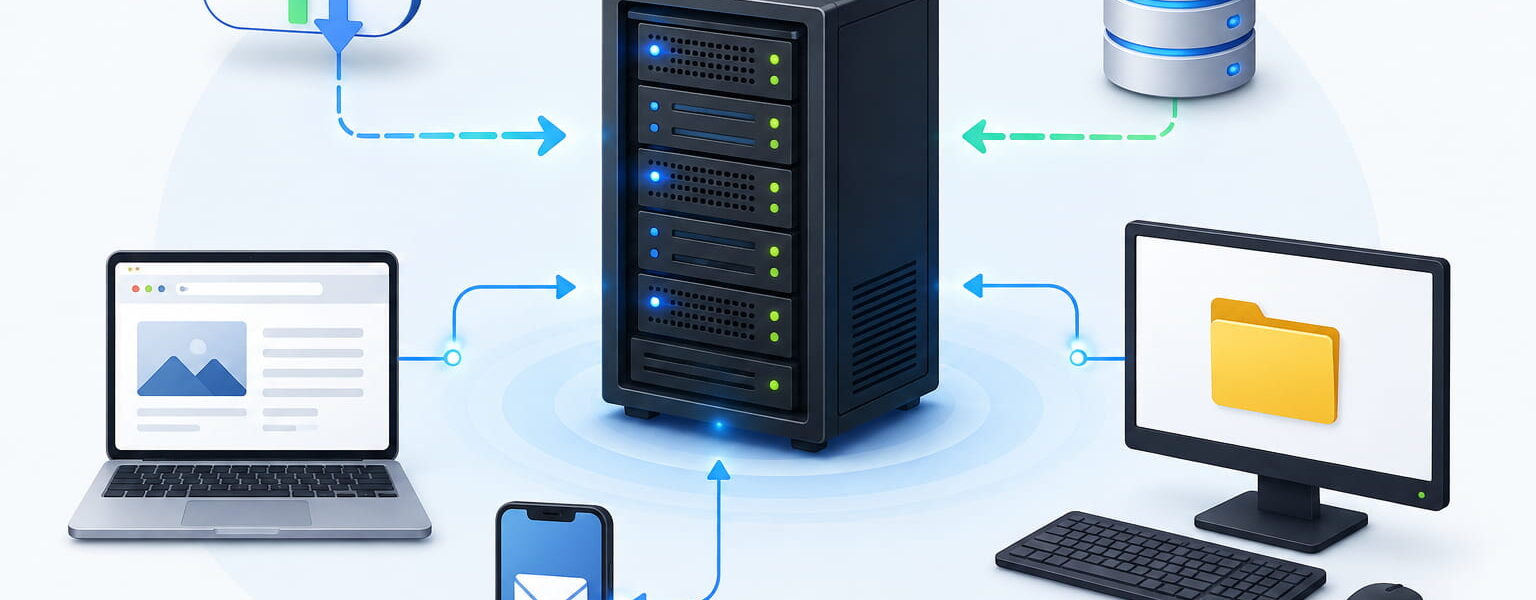 Server mit verbundenen Computern und Netzwerkgeräten