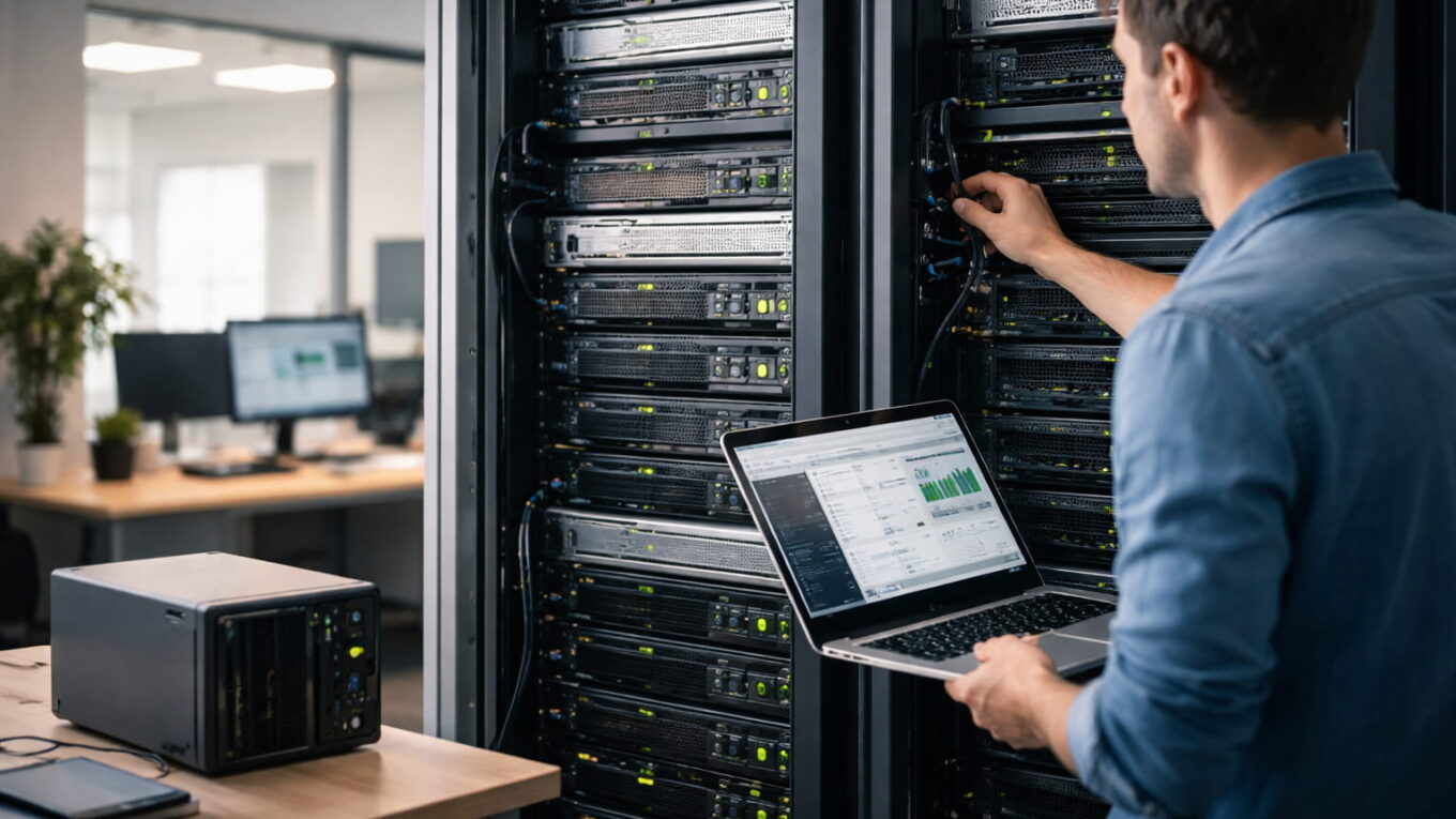 Techniker arbeitet an Serverrack – klassische Server-Hardware im Einsatz