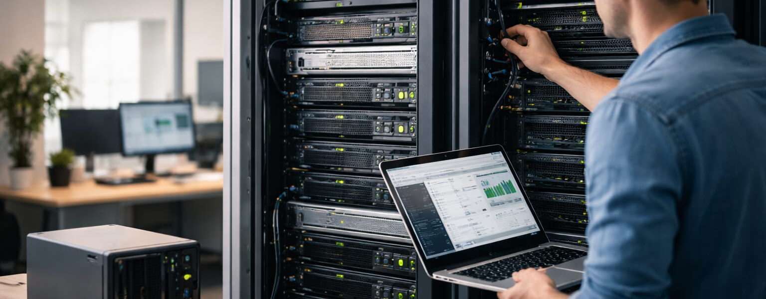 Techniker arbeitet an Serverrack – klassische Server-Hardware im Einsatz