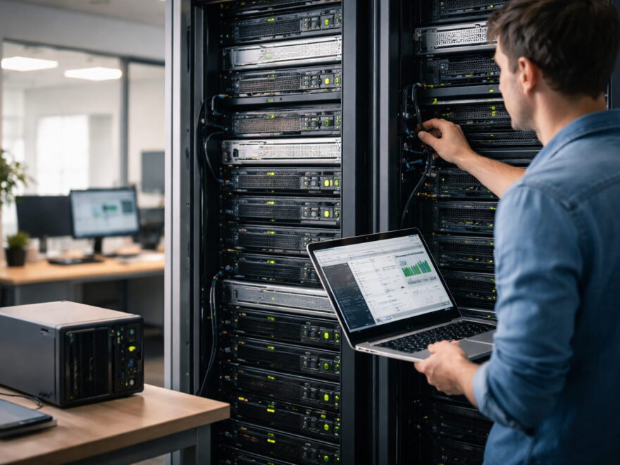 Techniker arbeitet an Serverrack – klassische Server-Hardware im Einsatz