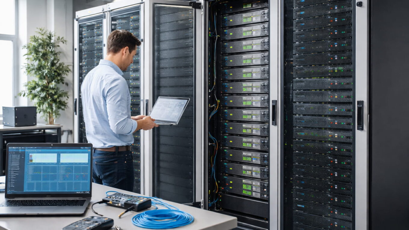 Techniker arbeitet an geöffnetem Server-Rack mit übereinander montierten Servern