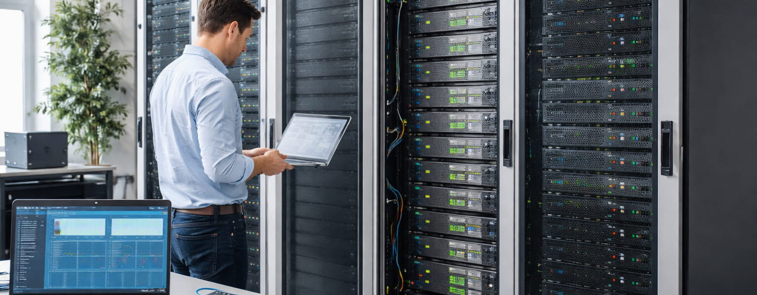 Techniker arbeitet an geöffnetem Server-Rack mit übereinander montierten Servern