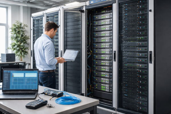 Server-Rack Aufbau: Gestapelte Server im Technikraum Techniker arbeitet an geöffnetem Server-Rack mit übereinander montierten Servern