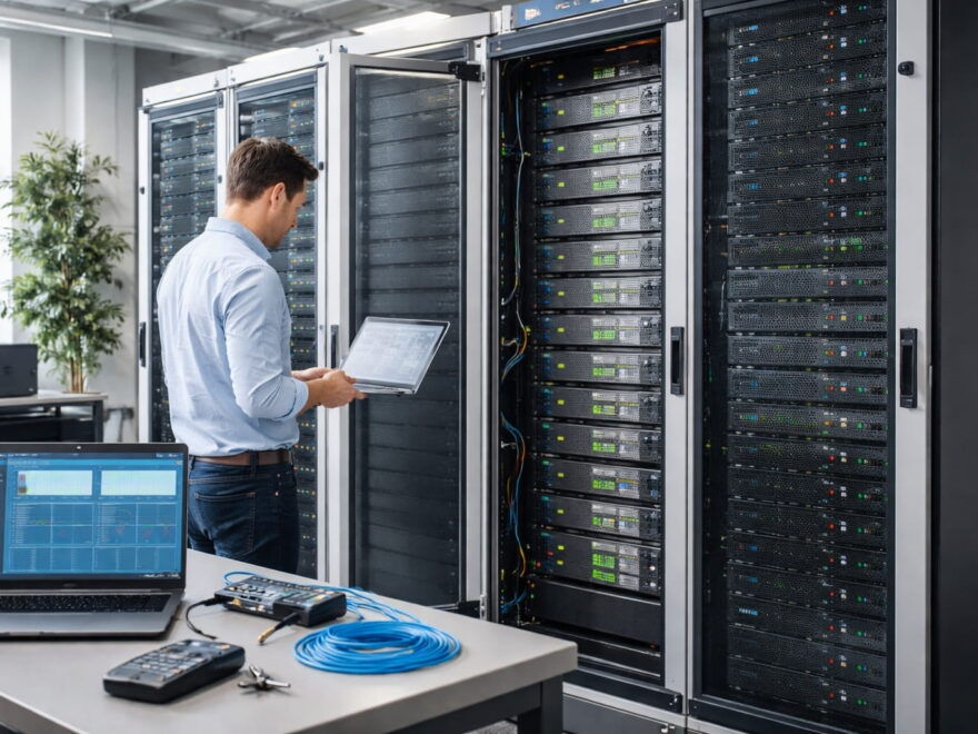 Techniker arbeitet an geöffnetem Server-Rack mit übereinander montierten Servern