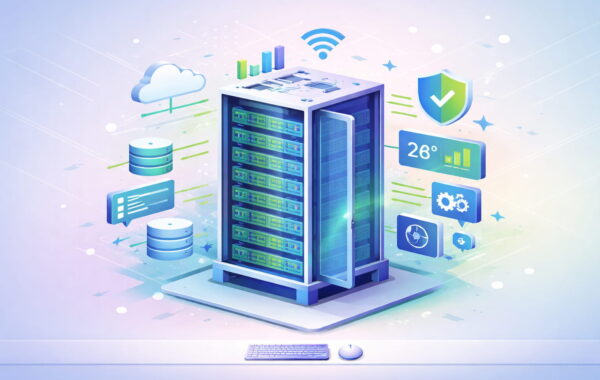 Server-Rack mit übereinander gestapelten Servern in strukturierter IT-Umgebung