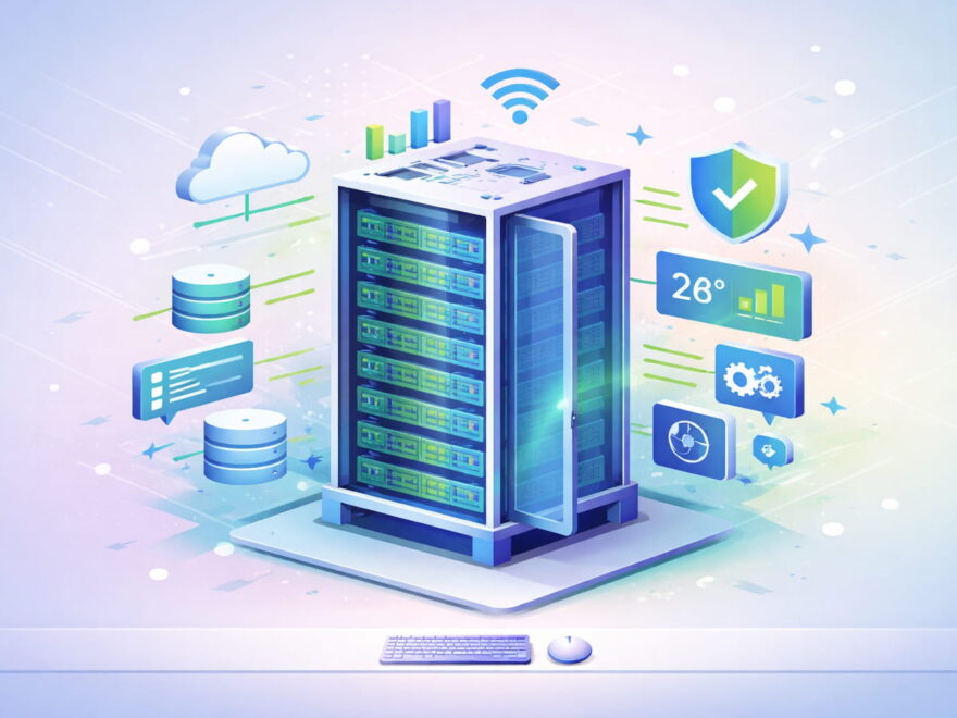 Server-Rack mit übereinander gestapelten Servern in strukturierter IT-Umgebung