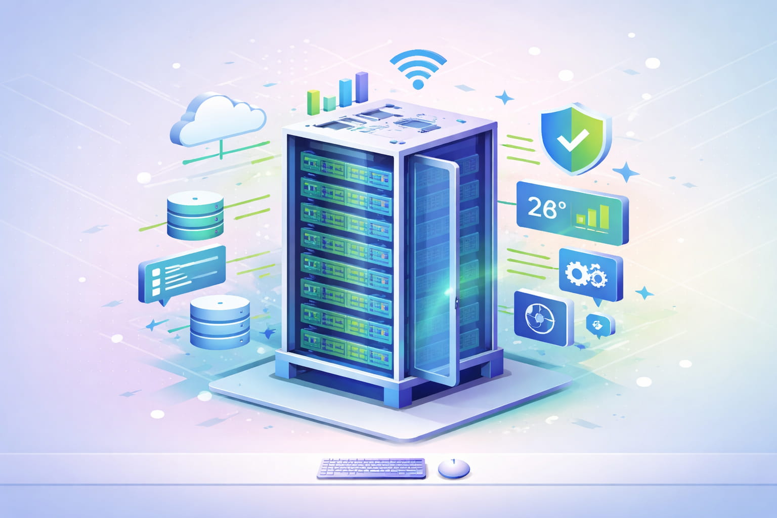 Server-Rack mit übereinander gestapelten Servern in strukturierter IT-Umgebung