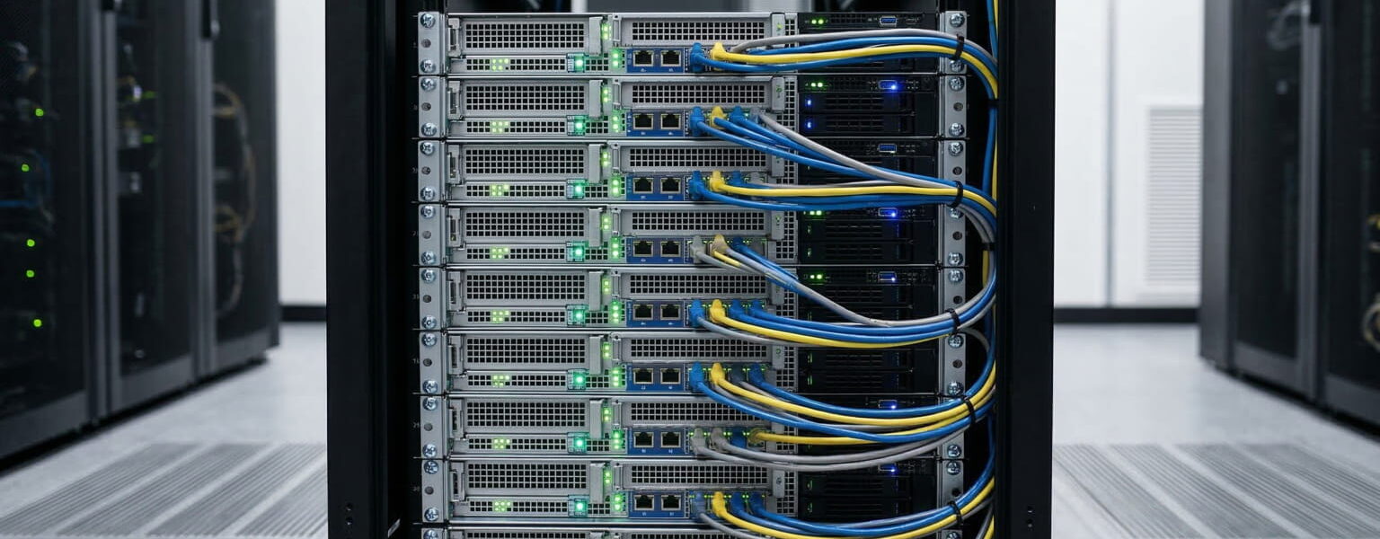 Blick in einen Serverschrank mit ordentlich verkabelter Hardware in einem modernen Rechenzentrum.