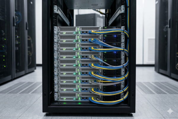 Blick in einen Serverschrank mit ordentlich verkabelter Hardware in einem modernen Rechenzentrum.