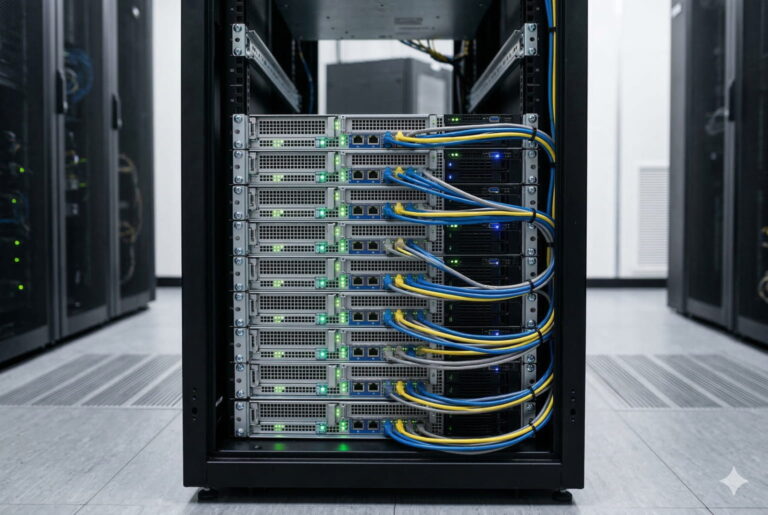 Blick in einen Serverschrank mit ordentlich verkabelter Hardware in einem modernen Rechenzentrum.