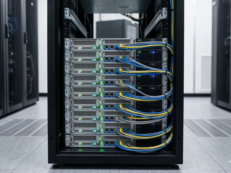 Blick in einen Serverschrank mit ordentlich verkabelter Hardware in einem modernen Rechenzentrum.