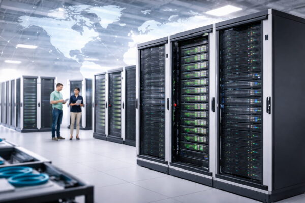 Standardisierte Server-Racks im Rechenzentrum weltweit im Einsatz Mehrere standardisierte Server-Racks in modernem Rechenzentrum