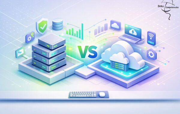 Server vs Cloud Unterschied – Illustration mit Serverrack und Cloud-Infrastruktur im Vergleich
