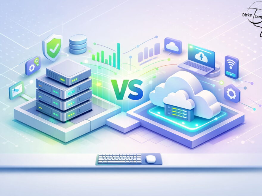 Server vs Cloud Unterschied – Illustration mit Serverrack und Cloud-Infrastruktur im Vergleich