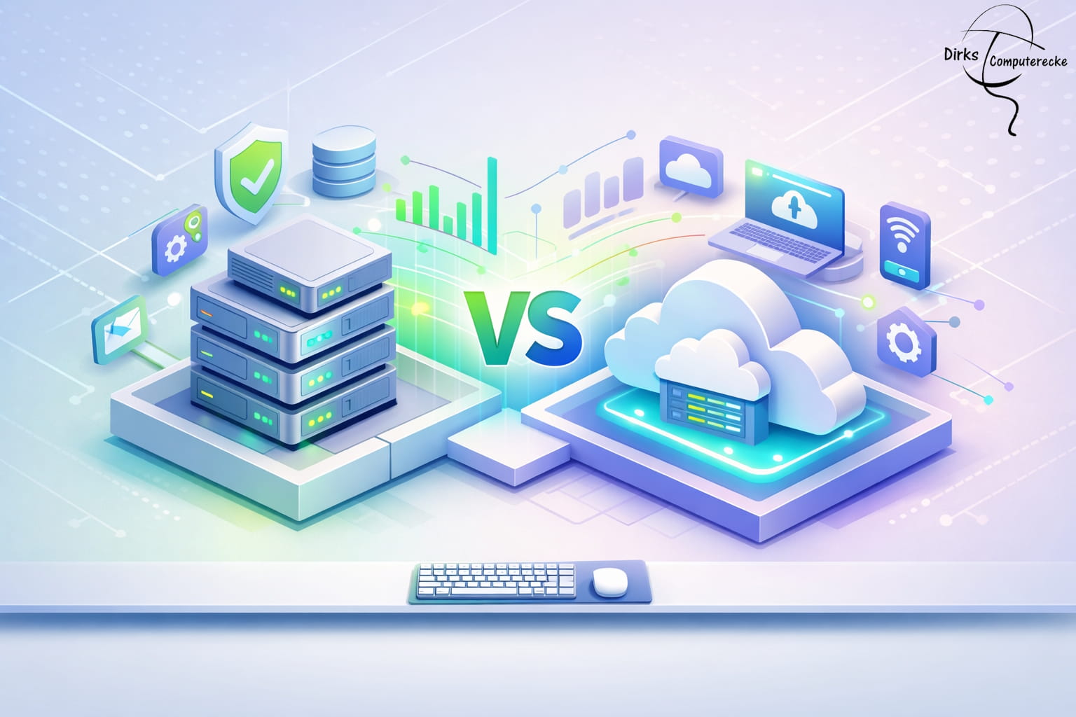 Server vs Cloud Unterschied – Illustration mit Serverrack und Cloud-Infrastruktur im Vergleich