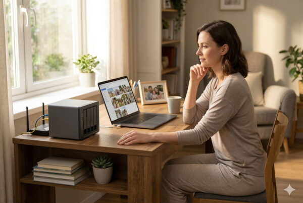 Frau am Schreibtisch mit Laptop und einem kompakten NAS-Server für das Heimnetzwerk.