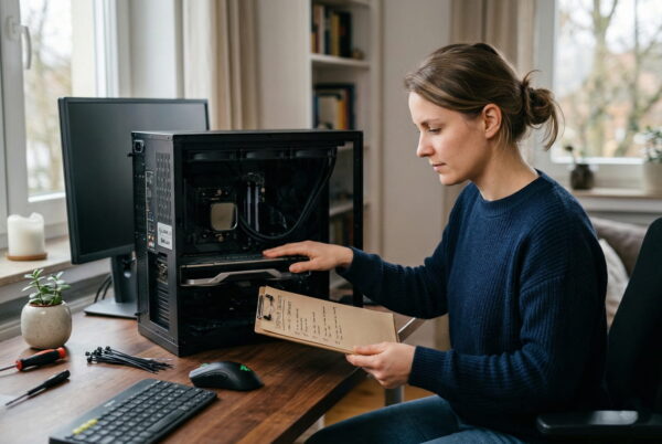 Eine Person prüft mit einer Checkliste die Hardware in einem geöffneten PC-Gehäuse, um Spulenfiepen zu beheben.