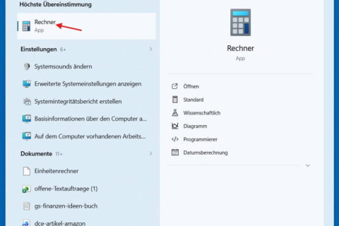 Windows Taschenrechner öffnen über die Suchfunktion in Windows 11.