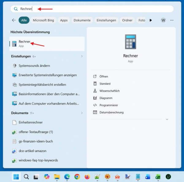 Windows Taschenrechner öffnen über die Suchfunktion in Windows 11.