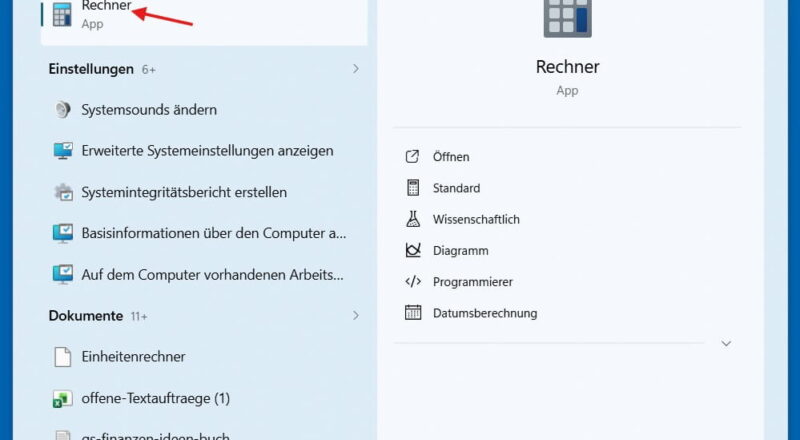 Windows Taschenrechner öffnen über die Suchfunktion in Windows 11.