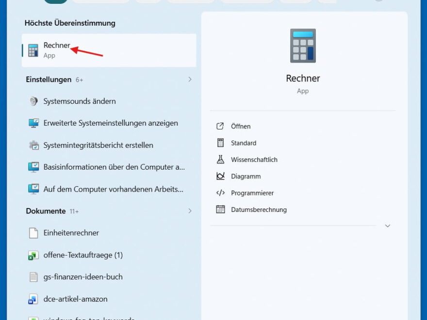 Windows Taschenrechner öffnen über die Suchfunktion in Windows 11.
