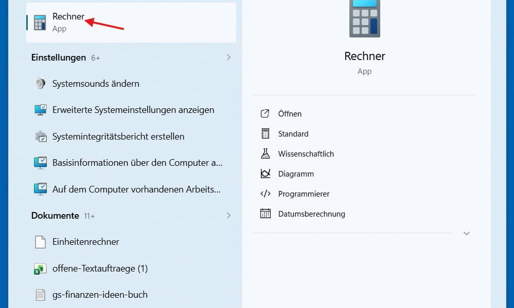 Windows Taschenrechner öffnen über die Suchfunktion in Windows 11.