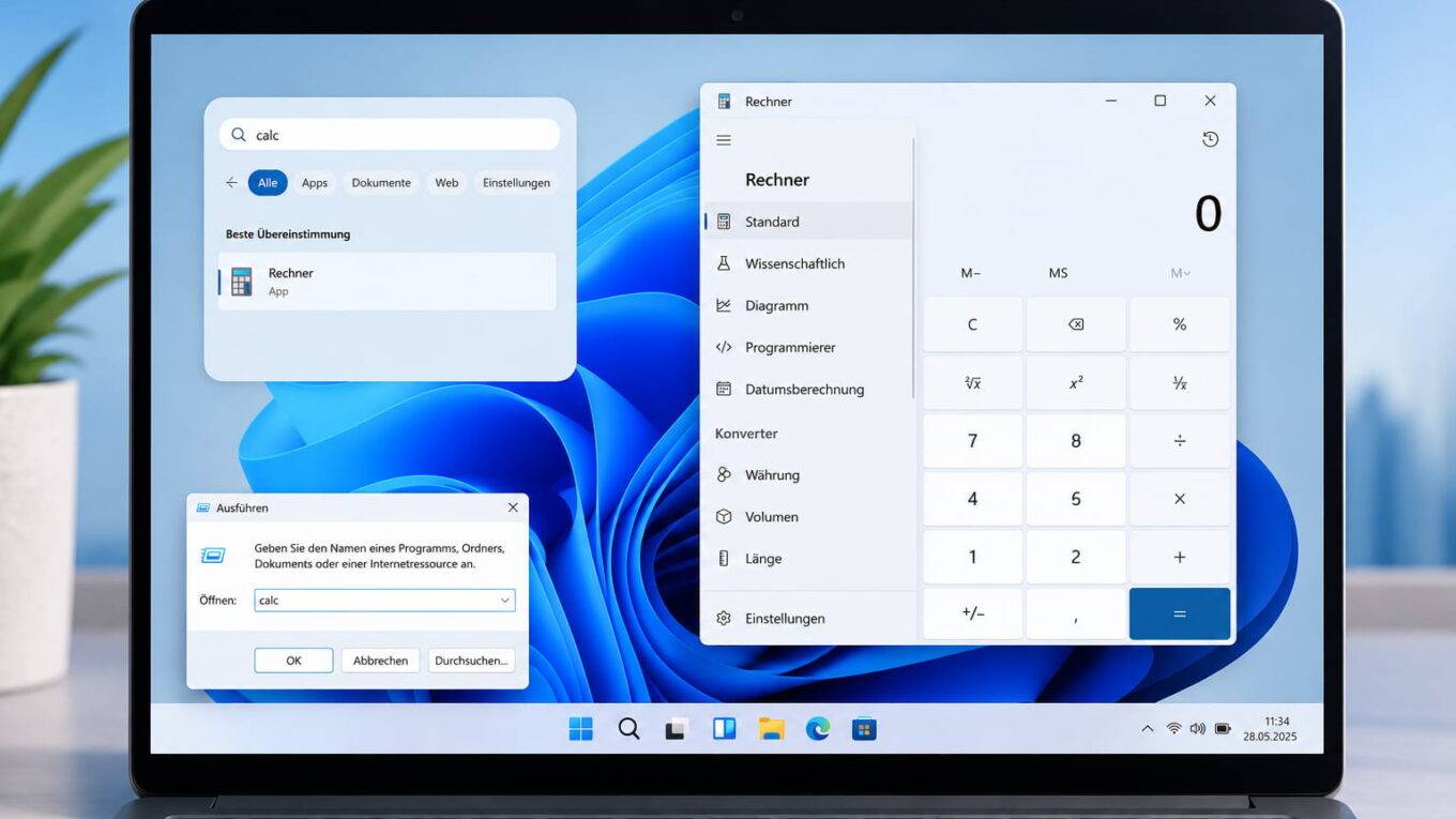Taschenrechner öffnen in Windows 11 über Suche, calc-Befehl und Rechner-App