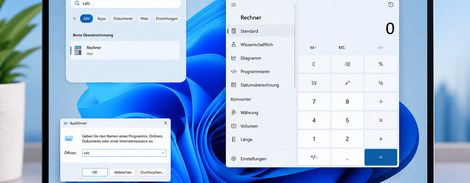 Taschenrechner öffnen in Windows 11 über Suche, calc-Befehl und Rechner-App