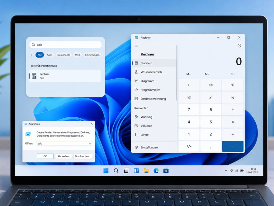 Taschenrechner öffnen in Windows 11 über Suche, calc-Befehl und Rechner-App