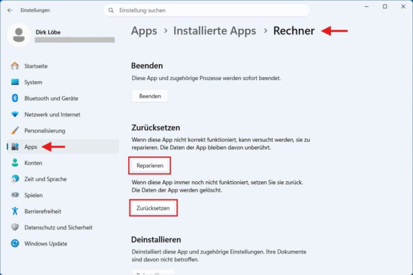 Windows-Taschenrechner reparieren oder zurücksetzen Taschenrechner öffnen funktioniert nicht: Rechner-App in Windows 11 reparieren oder zurücksetzen