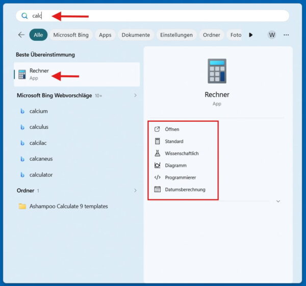 Windows-Taschenrechner über die Suche öffnen Taschenrechner öffnen über die Windows-Suche mit dem Begriff calc