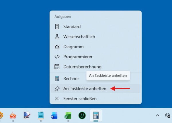 Anleitung: Windows Taschenrechner per Rechtsklick an die Taskleiste anheften.