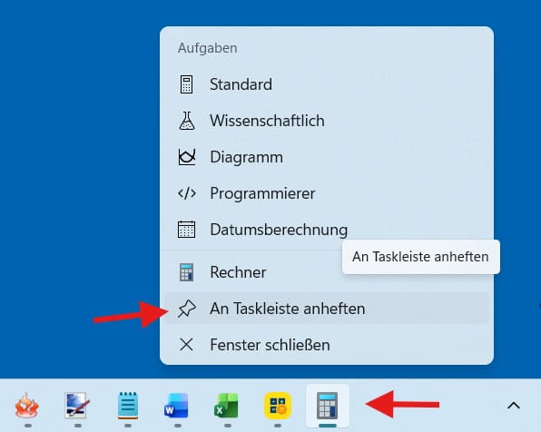 Windows-Taschenrechner an die Taskleiste anheften Taschenrechner öffnen und über das Kontextmenü an die Taskleiste anheften