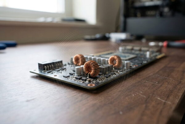 Nahaufnahme von Kupferspulen auf einer Grafikkarten-Platine zur Erklärung von Spulenfiepen.