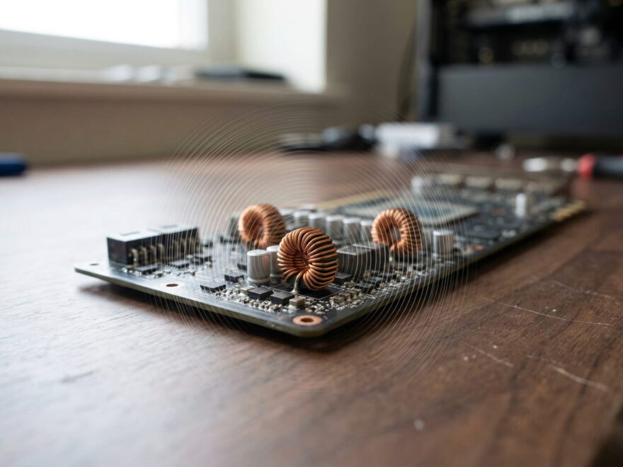 Nahaufnahme von Kupferspulen auf einer Grafikkarten-Platine zur Erklärung von Spulenfiepen.