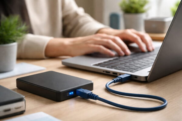 Externe Festplatte über USB 3.0 Kabel mit Laptop verbunden für schnellen Datentransfer im Alltag