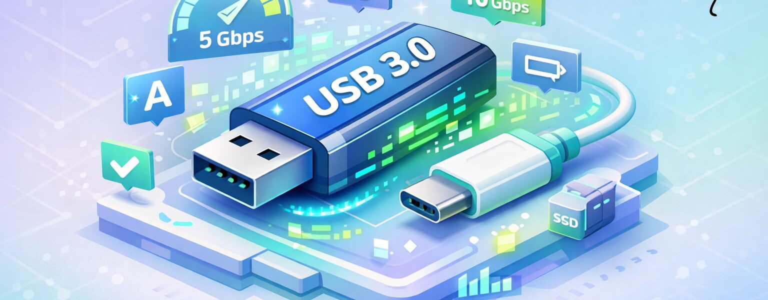 Illustration eines USB-3.0-Sticks und USB-C-Kabels mit Symbolen für SuperSpeed-USB und hohe Datenübertragungsraten
