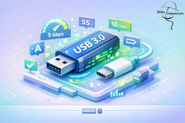 Illustration eines USB-3.0-Sticks und USB-C-Kabels mit Symbolen für SuperSpeed-USB und hohe Datenübertragungsraten