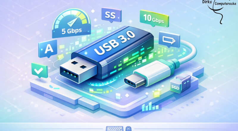 Illustration eines USB-3.0-Sticks und USB-C-Kabels mit Symbolen für SuperSpeed-USB und hohe Datenübertragungsraten