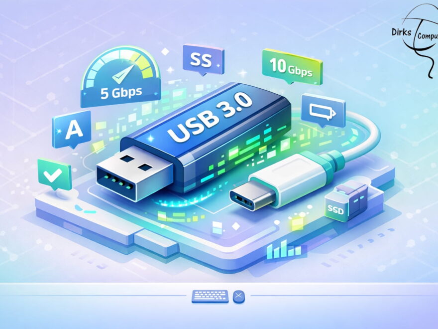 Illustration eines USB-3.0-Sticks und USB-C-Kabels mit Symbolen für SuperSpeed-USB und hohe Datenübertragungsraten
