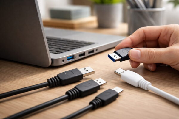 USB-3.0-Port mit blauer Buchse und verschiedene USB-Kabel am Laptop zum Erkennen von Anschlüssen und Steckertypen