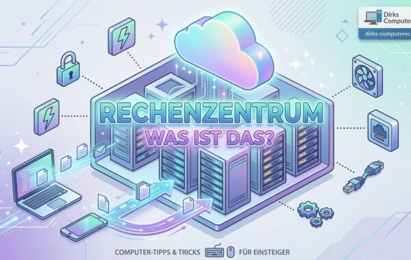 Isometrische Illustration eines Rechenzentrums mit Server-Racks, Cloud-Symbol und Icons für Sicherheit und Kühlung.