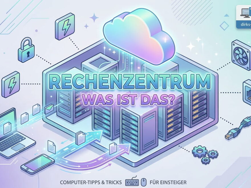 Isometrische Illustration eines Rechenzentrums mit Server-Racks, Cloud-Symbol und Icons für Sicherheit und Kühlung.