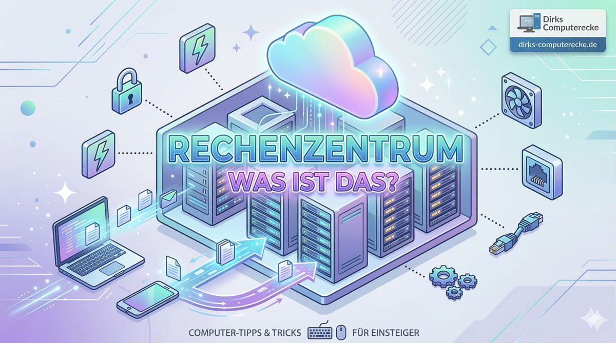 Isometrische Illustration eines Rechenzentrums mit Server-Racks, Cloud-Symbol und Icons für Sicherheit und Kühlung.