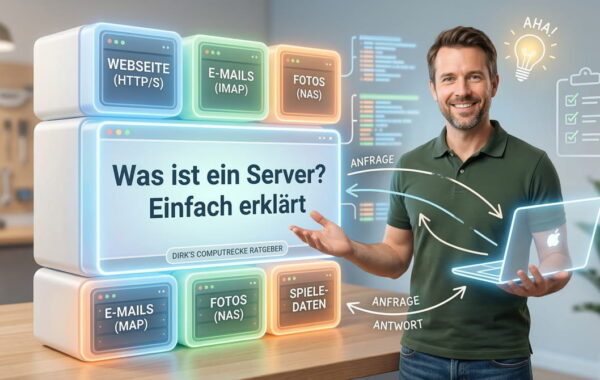 Illustration zum Thema Server einfach erklärt mit Beispielen für Webseiten, E-Mails und Fotos.