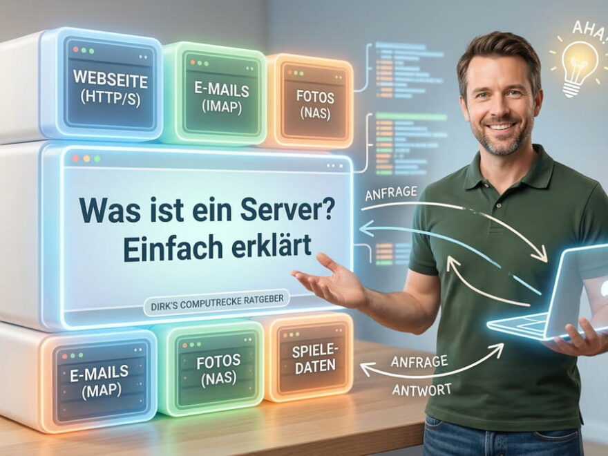 Illustration zum Thema Server einfach erklärt mit Beispielen für Webseiten, E-Mails und Fotos.